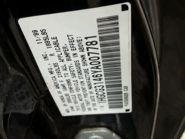 1HGCG3146YA007781 - 2000 HONDA ACCORD LX BLACK photo 10