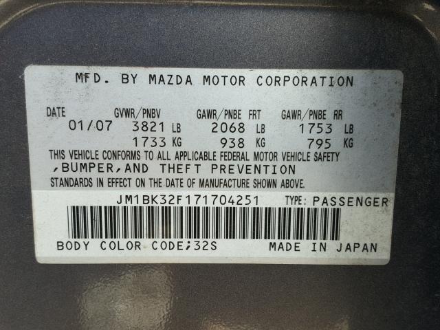 JM1BK32F171704251 - 2007 MAZDA 3 I GRAY photo 10