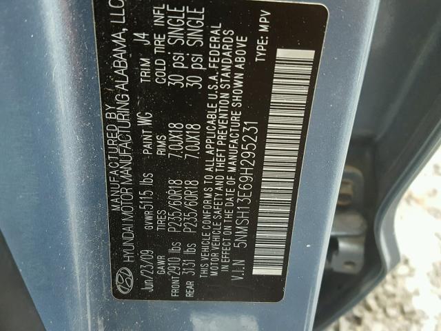 5NMSH13E69H295231 - 2009 HYUNDAI SANTA FE S BLUE photo 10