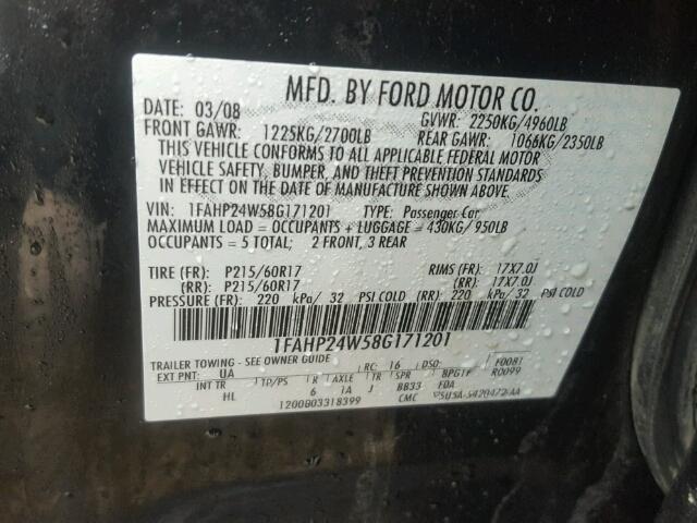 1FAHP24W58G171201 - 2008 FORD TAURUS SEL BLACK photo 10