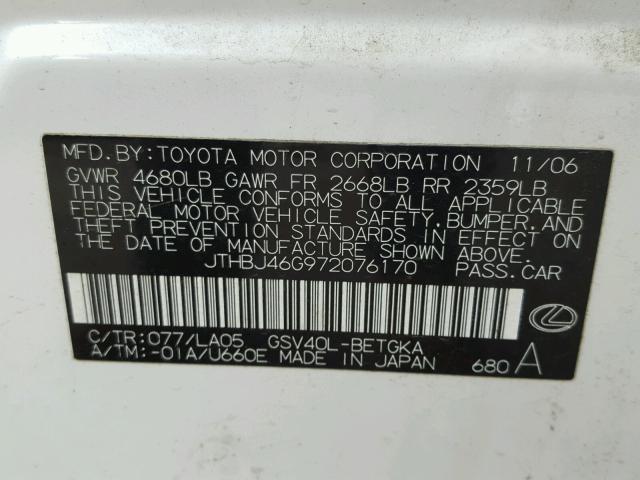 JTHBJ46G972076170 - 2007 LEXUS ES 350 WHITE photo 10