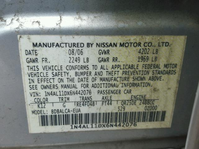 1N4AL11DX6N442076 - 2006 NISSAN ALTIMA S SILVER photo 10