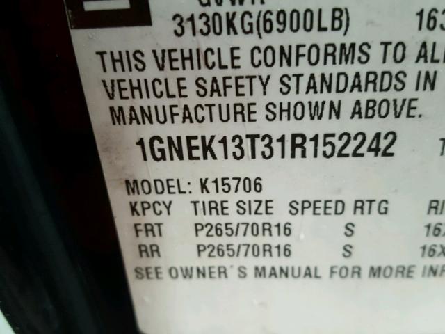 1GNEK13T31R152242 - 2001 CHEVROLET TAHOE K150 BLACK photo 10