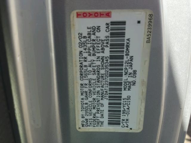 JTDAT123720235345 - 2002 TOYOTA ECHO SILVER photo 10