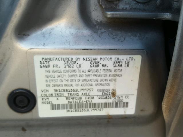 3N1CB51D53L799757 - 2003 NISSAN SENTRA XE SILVER photo 10