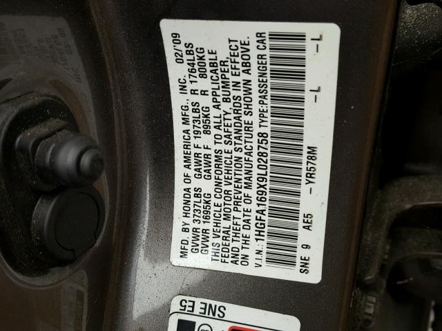 1HGFA169X9L028758 - 2009 HONDA CIVIC EXL GRAY photo 10