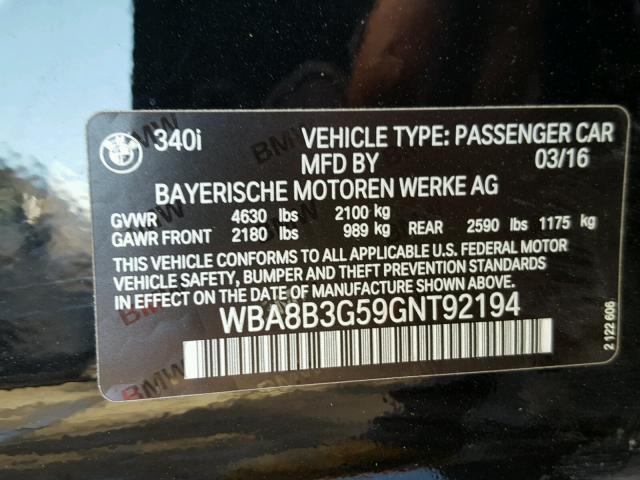 WBA8B3G59GNT92194 - 2016 BMW 340 I BLACK photo 10