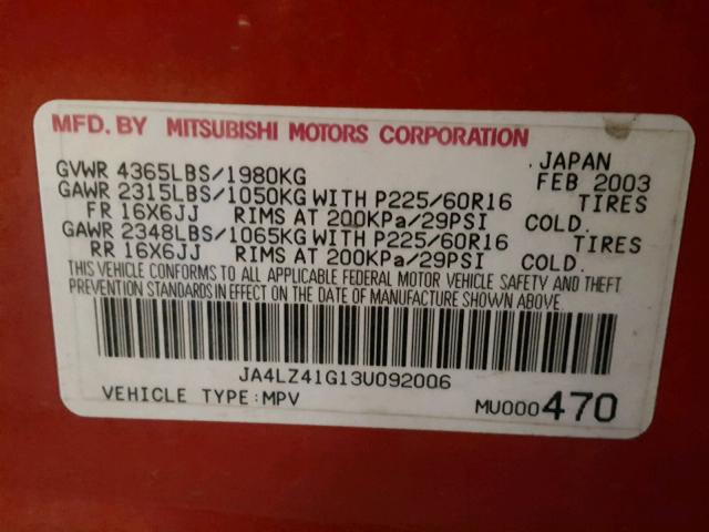 JA4LZ41G13U092006 - 2003 MITSUBISHI OUTLANDER RED photo 10