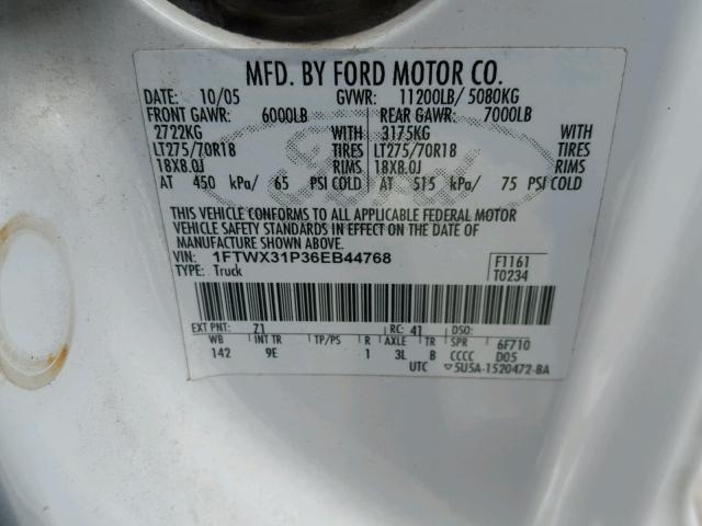 1FTWX31P36EB44768 - 2006 FORD F350 SRW S WHITE photo 10