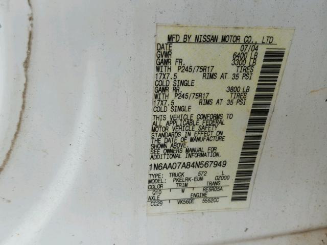 1N6AA07A84N567949 - 2004 NISSAN TITAN XE WHITE photo 10