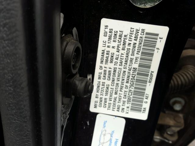 19XFC2F75GE043168 - 2016 HONDA CIVIC EX BLACK photo 10