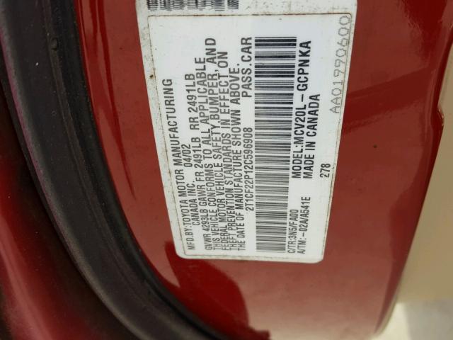 2T1CF22P12C596908 - 2002 TOYOTA CAMRY SOLA RED photo 10