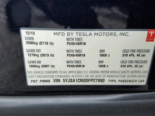 5YJSA1CN0DFP27990 - 2013 TESLA MODEL S BLUE photo 10