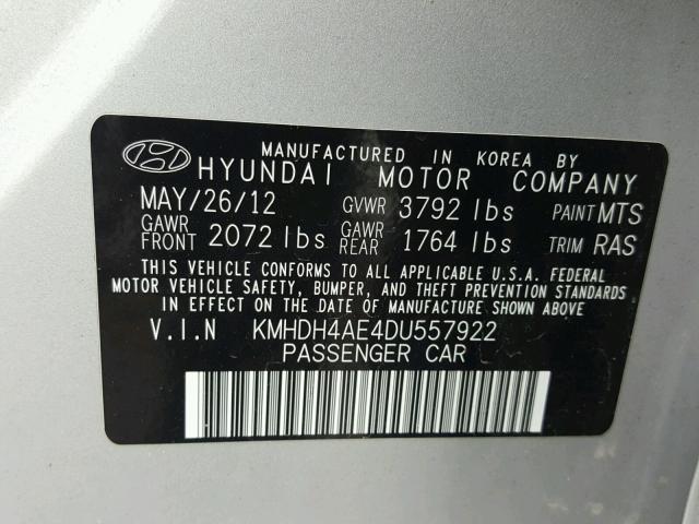 KMHDH4AE4DU557922 - 2013 HYUNDAI ELANTRA GL SILVER photo 10