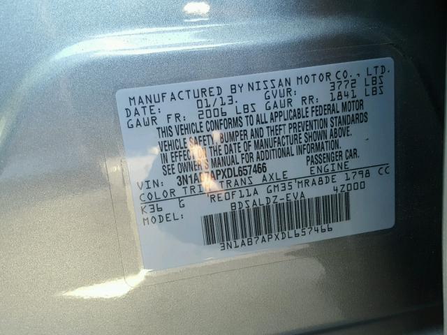 3N1AB7APXDL657466 - 2013 NISSAN SENTRA S GRAY photo 10