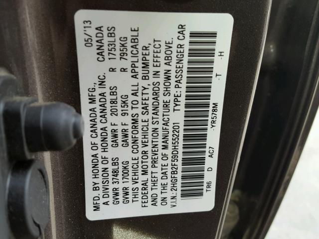 2HGFB2F59DH552201 - 2013 HONDA CIVIC LX BROWN photo 10