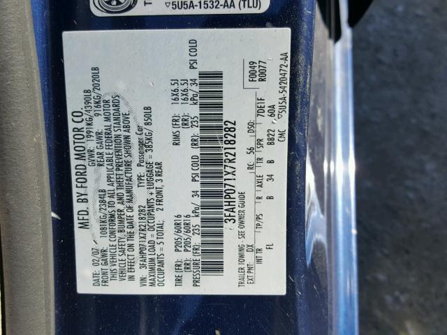 3FAHP071X7R218282 - 2007 FORD FUSION SE BLUE photo 10