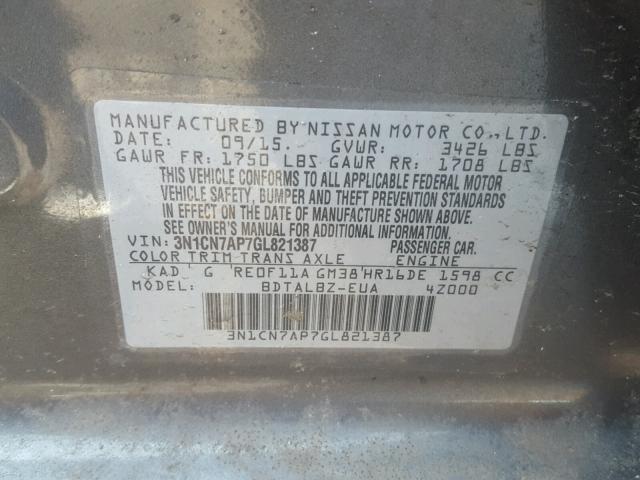 3N1CN7AP7GL821387 - 2016 NISSAN VERSA S GRAY photo 10