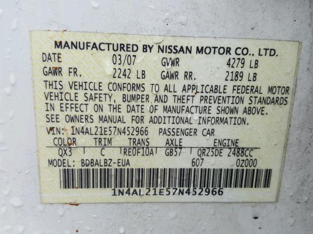 1N4AL21E57N452966 - 2007 NISSAN ALTIMA 2.5 WHITE photo 10