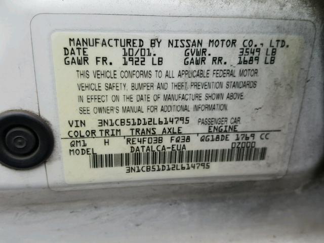 3N1CB51D12L614795 - 2002 NISSAN SENTRA XE WHITE photo 10