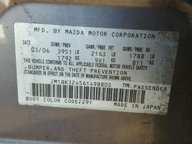 JM1BK324561498803 - 2006 MAZDA 3 S GRAY photo 10