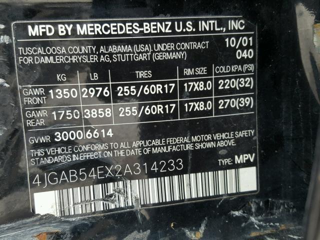 4JGAB54EX2A314233 - 2002 MERCEDES-BENZ ML 320 BLACK photo 10