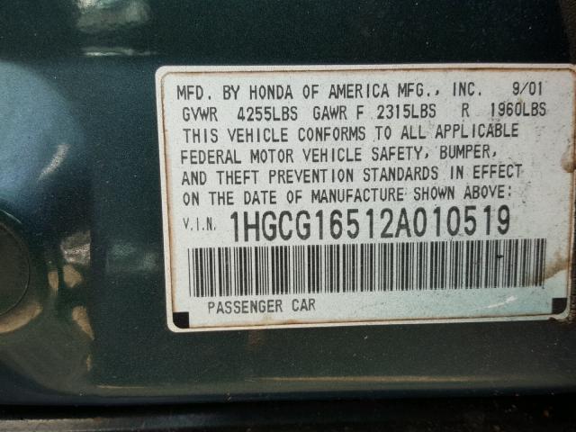 1HGCG16512A010519 - 2002 HONDA ACCORD EX GREEN photo 10