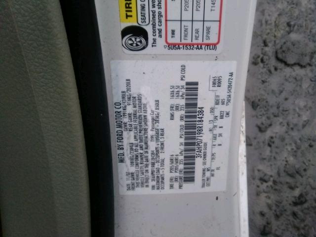 3FAHP07198R184384 - 2008 FORD FUSION SE WHITE photo 10