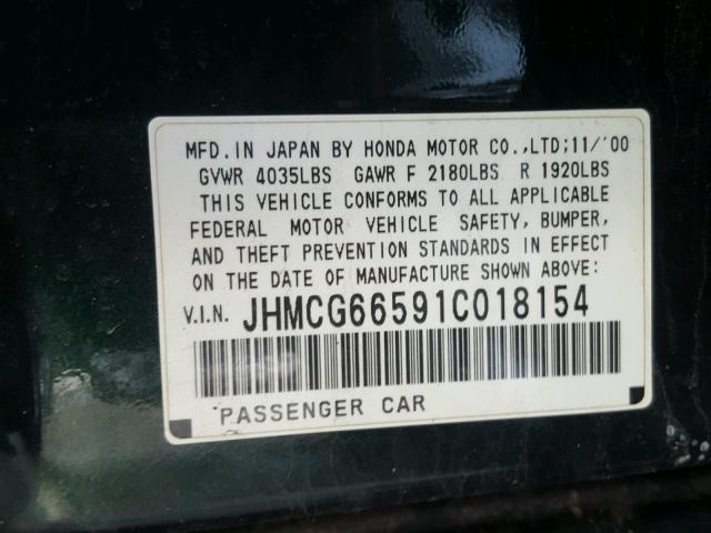 JHMCG66591C018154 - 2001 HONDA ACCORD LX GREEN photo 10