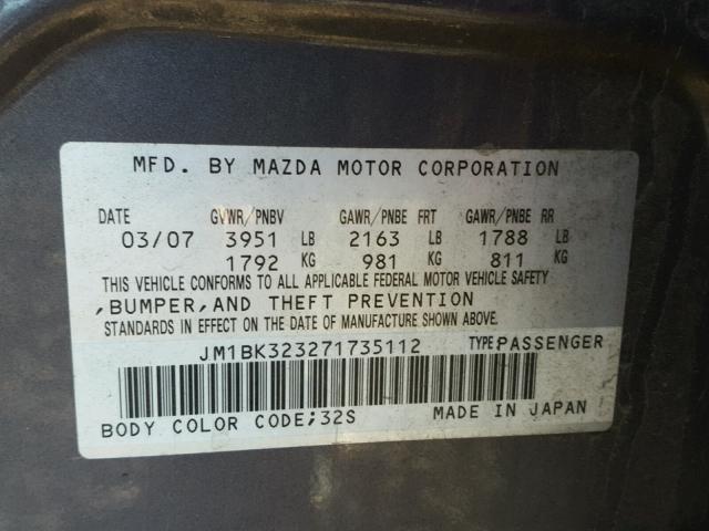 JM1BK323271735112 - 2007 MAZDA 3 S GRAY photo 10