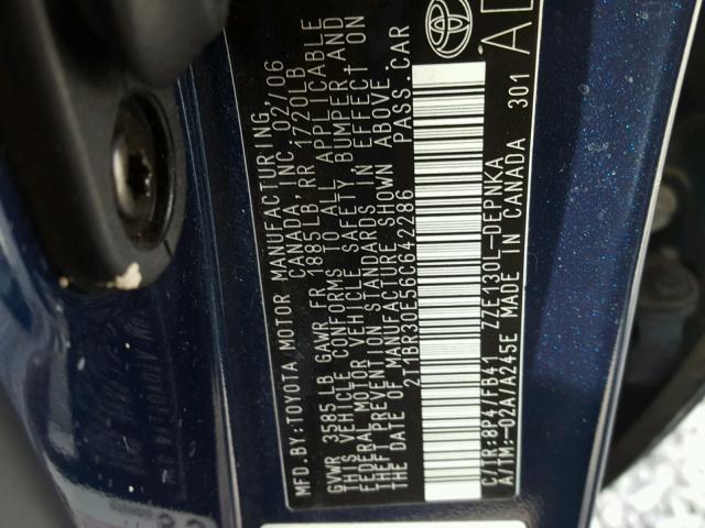 2T1BR30E56C642286 - 2006 TOYOTA COROLLA CE BLUE photo 10