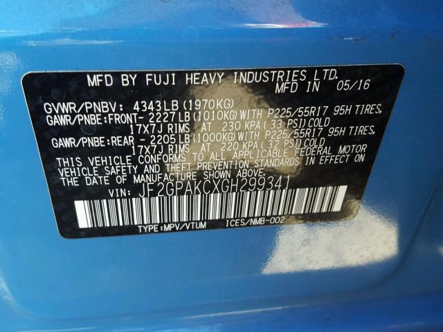 JF2GPAKCXGH299341 - 2016 SUBARU CROSSTREK BLUE photo 10