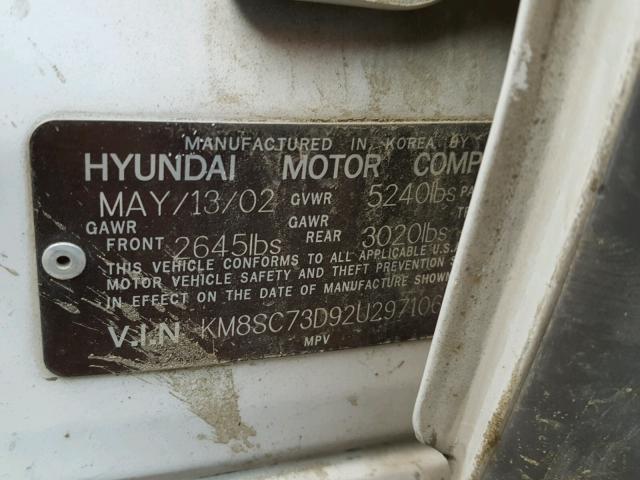 KM8SC73D92U297106 - 2002 HYUNDAI SANTA FE G WHITE photo 10