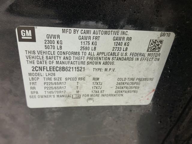 2CNFLEEC8B6211521 - 2011 CHEVROLET EQUINOX LT BLACK photo 10