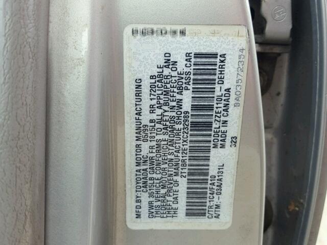 2T1BR12E1XC232989 - 1999 TOYOTA COROLLA VE SILVER photo 10