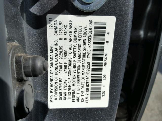 2HGFB2F97CH328250 - 2012 HONDA CIVIC EXL GRAY photo 10