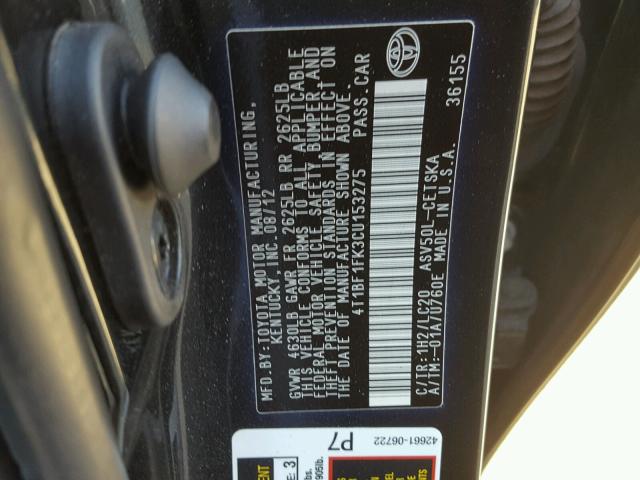 4T1BF1FK3CU153275 - 2012 TOYOTA CAMRY BASE CHARCOAL photo 10