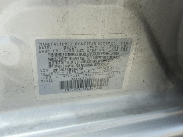 3N1CN7AP8FL840738 - 2015 NISSAN VERSA S SILVER photo 10