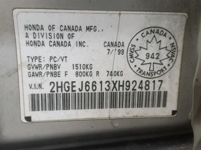 2HGEJ6613XH924817 - 1999 HONDA CIVIC BASE SILVER photo 10