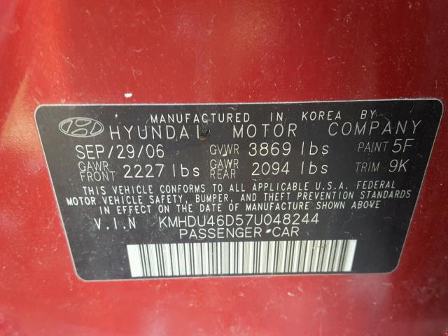 KMHDU46D57U048244 - 2007 HYUNDAI ELANTRA GL BURGUNDY photo 10