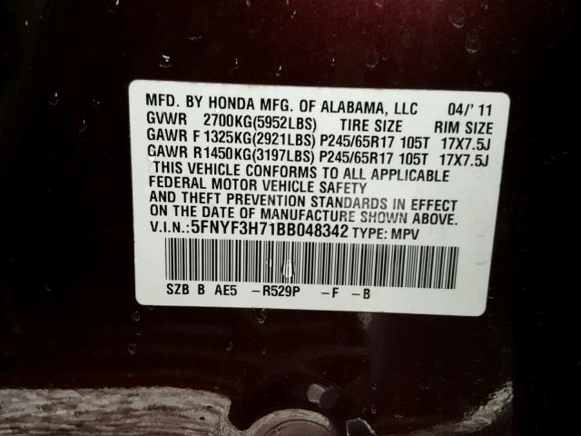 5FNYF3H71BB048342 - 2011 HONDA PILOT EXLN PURPLE photo 10