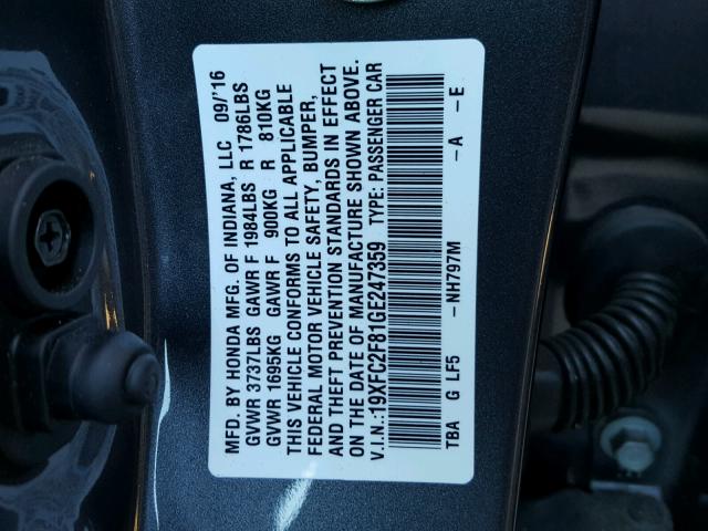 19XFC2F81GE247359 - 2016 HONDA CIVIC EX GRAY photo 10