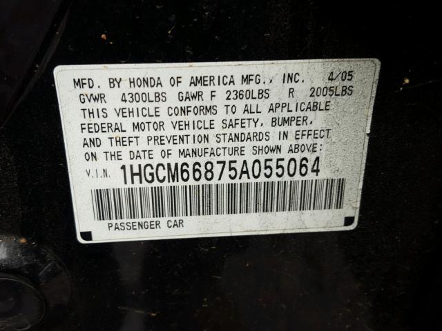 1HGCM66875A055064 - 2005 HONDA ACCORD EX BLACK photo 10