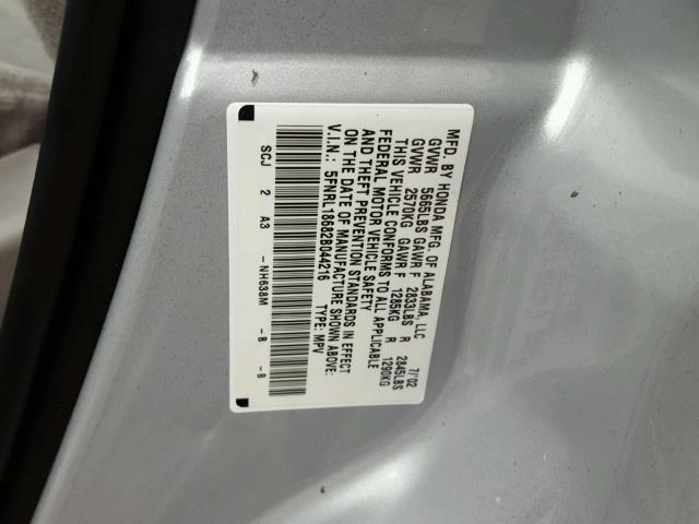 5FNRL18682B044216 - 2002 HONDA ODYSSEY EX SILVER photo 10