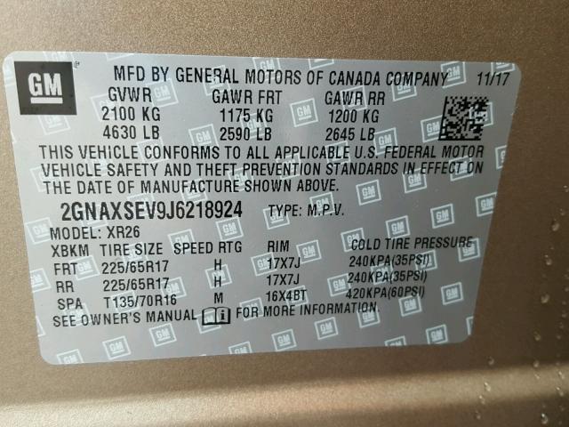 2GNAXSEV9J6218924 - 2018 CHEVROLET EQUINOX LT GOLD photo 10