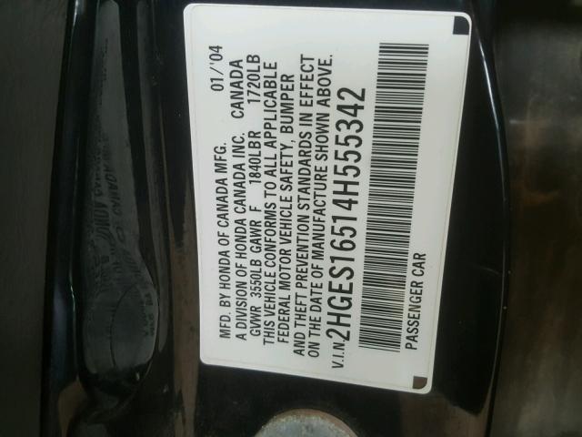 2HGES16514H555342 - 2004 HONDA CIVIC LX BLACK photo 10