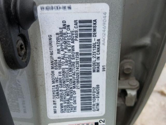 2T1BR32E74C301238 - 2004 TOYOTA COROLLA CE SILVER photo 10