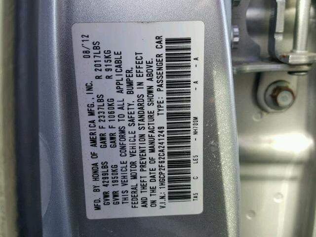 1HGCP2F62CA241249 - 2012 HONDA ACCORD SE SILVER photo 10