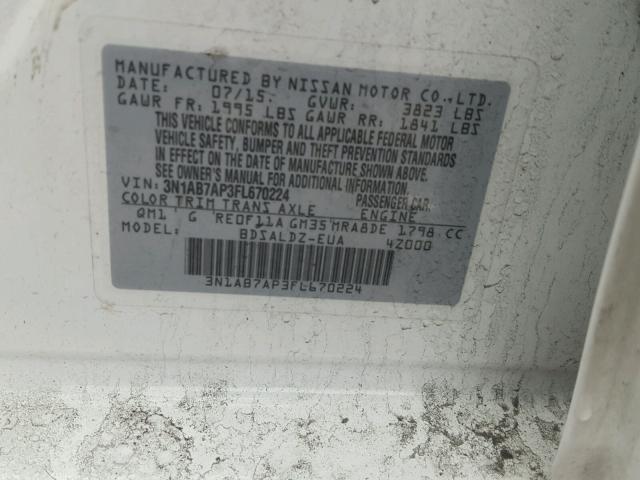 3N1AB7AP3FL670224 - 2015 NISSAN SENTRA S WHITE photo 10