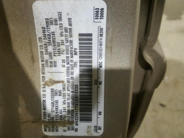 4N2ZN17T41D815520 - 2001 NISSAN QUEST GLE TAN photo 10